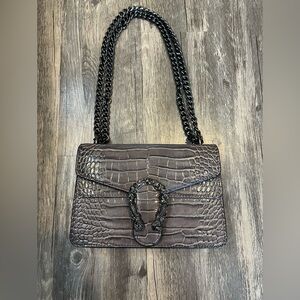 Gray Croc Embossed Crossbody Bag Horseshoe Snap Closure Gunmetal Chain NWOT